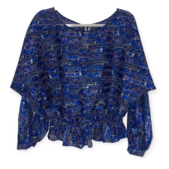FREE People blue Floral Keyhole Back long Sleeves Ruffle Hem peplum top Sz Small - Picture 1 of 8